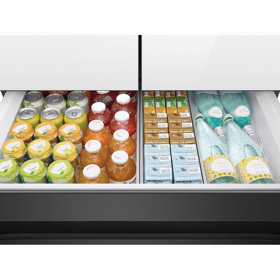 Smart Bespoke French 4-Door Refrigerator with Customizable Panel Colors and Beverage Center in White Glass, 29 cu-ft