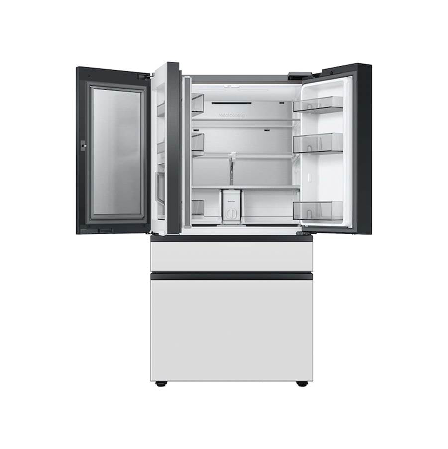 Smart Bespoke French 4-Door Refrigerator with Customizable Panel Colors and Beverage Center in White Glass, 29 cu-ft