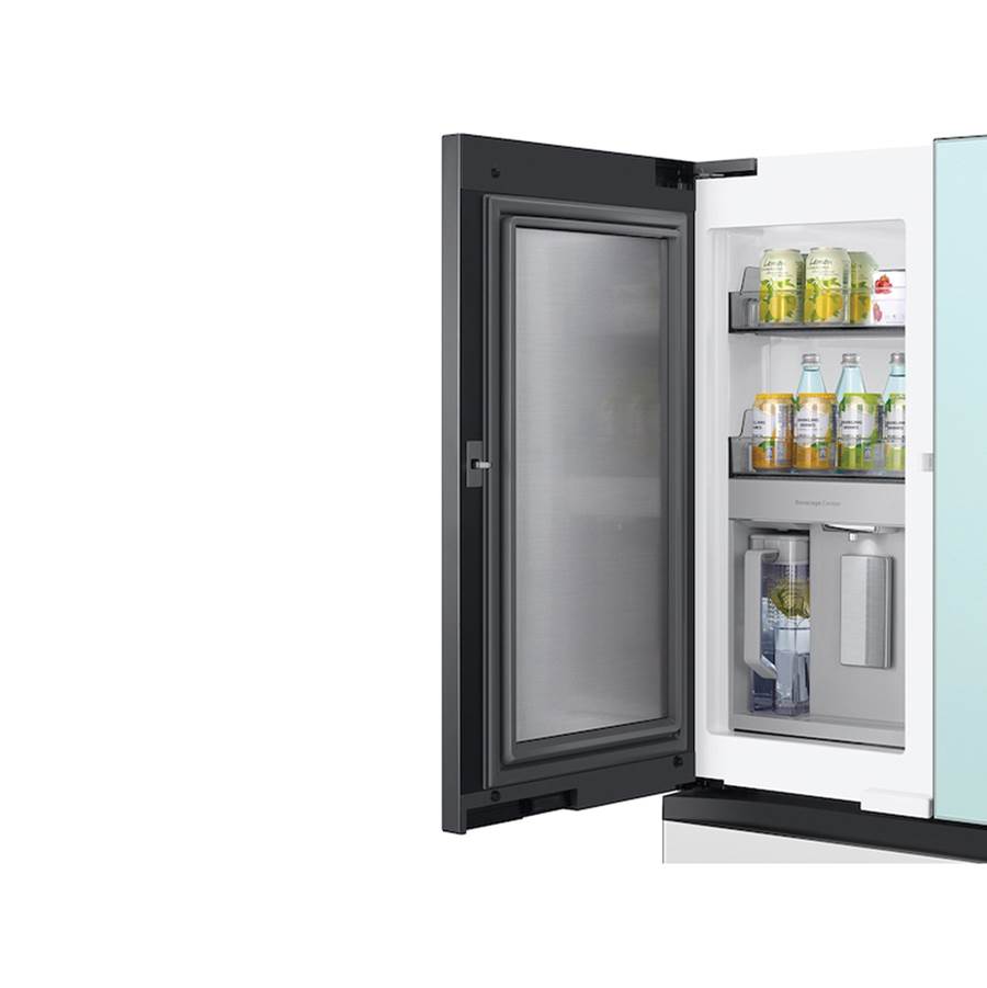Smart Bespoke French 4-Door Refrigerator with Customizable Panel Colors and Beverage Center in White Glass, 29 cu-ft