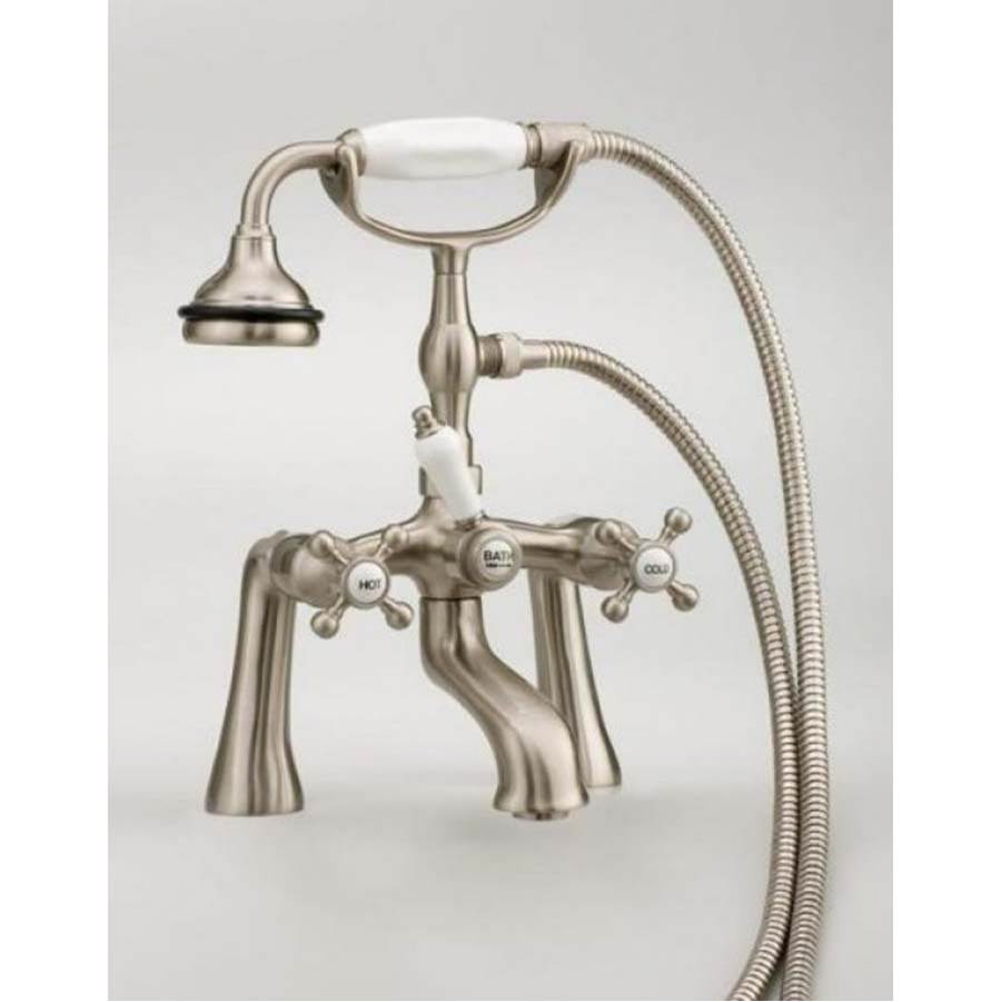Cheviot Products - 5100 SERIES Offset Deck-Mount Tub Filler - Lever Handles - Porcelain Accents - Satin Brass