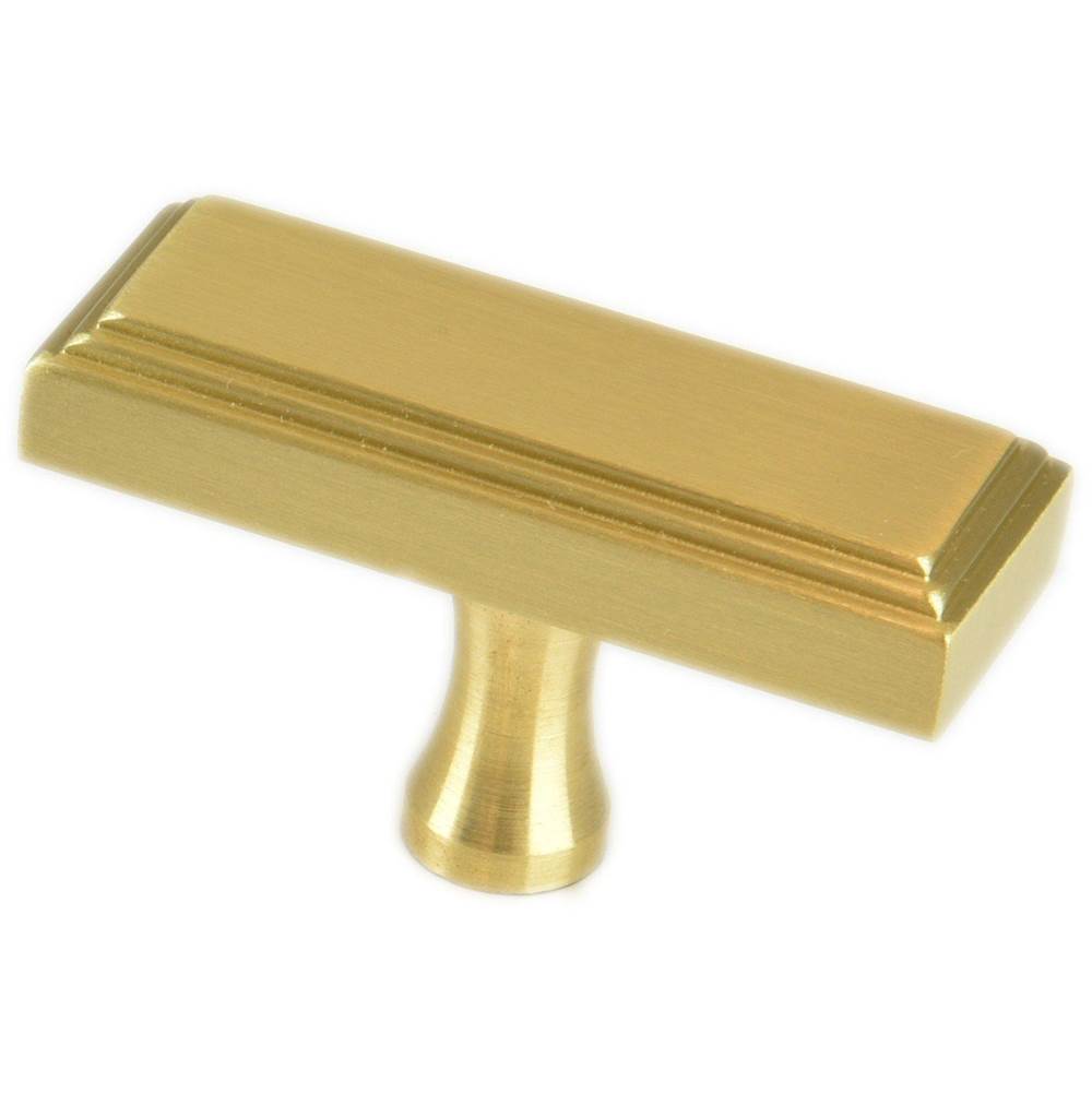 Colonial Bronze - 2'' overall, 0.75 x 0.375'' Rectangular, stepped T Cabinet Knob with flared post hand finished in Satin Brass - Satin Brass