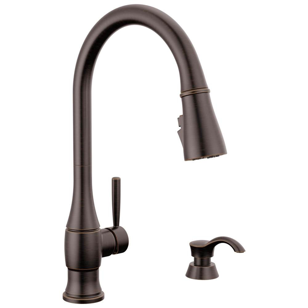 Delta Faucet - HazelwoodE Single Handle Pull-Down Kitchen Faucet with Soap Dispenser and ShieldSpray Technology - Venetian Bronze