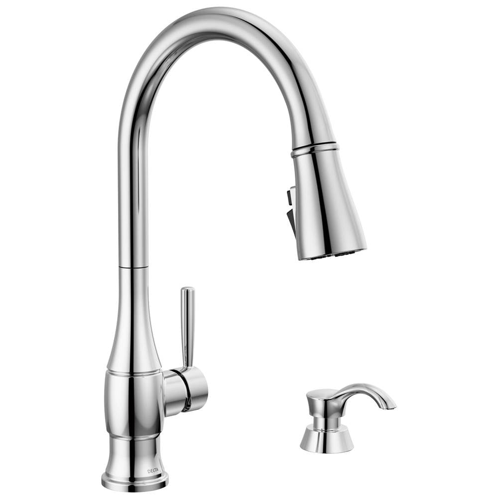 Delta Faucet - HazelwoodE Single Handle Pull-Down Kitchen Faucet with Soap Dispenser and ShieldSpray Technology - Chrome