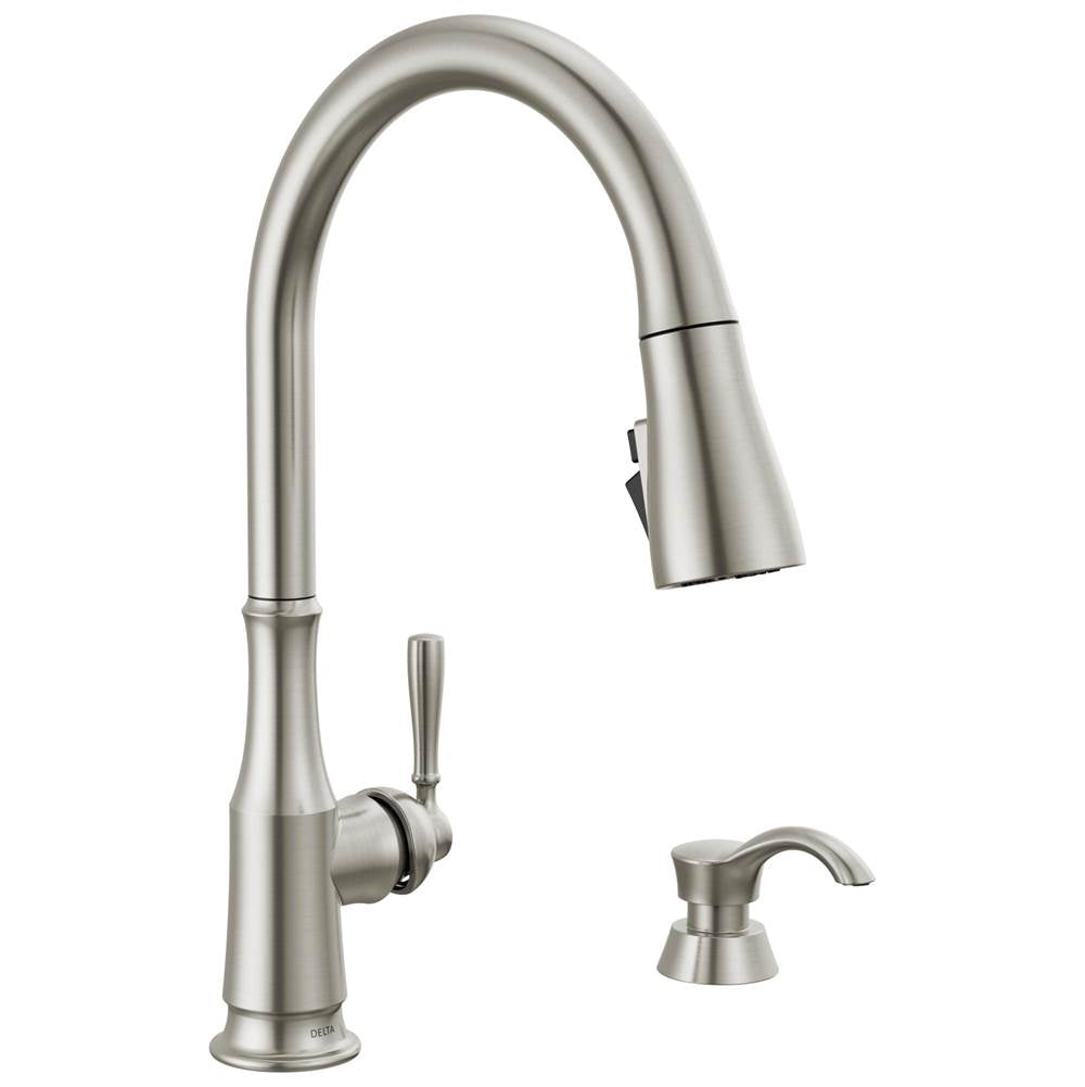 Delta Faucet - CaperteeE Single Handle Pull-Down Kitchen Faucet with Soap Dispenser and ShieldSpray Technology - Spotshield Stainless