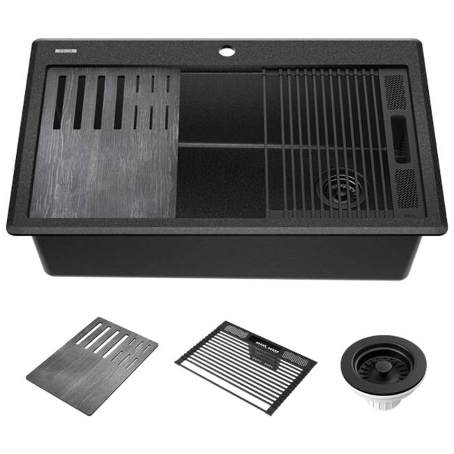 Delta Faucet - EverestE 33'' Granite Composite Workstation Kitchen Sink Drop-In Top Mount Single Bowl with WorkFlowE Ledge and Accessories in Metallic Black