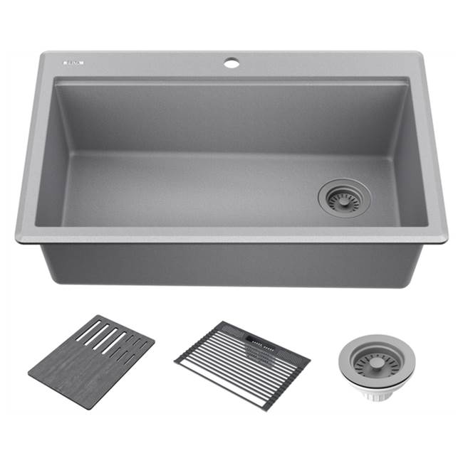 Delta Faucet - EverestE 33'' Granite Composite Workstation Kitchen Sink Drop-In Top Mount Single Bowl with WorkFlowE Ledge and Accessories in Dark Grey