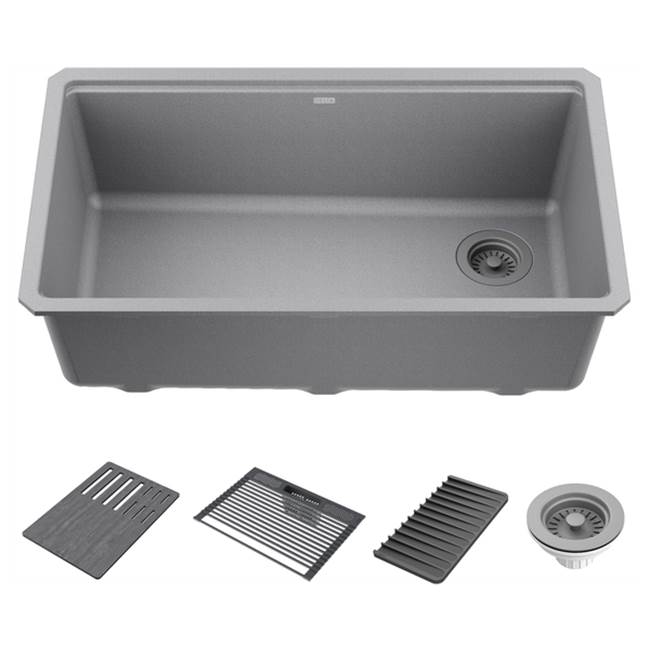 Delta Faucet - EverestE 32'' Granite Composite Workstation Kitchen Sink Undermount Single Bowl with WorkFlowE Ledge and Accessories in Dark Grey