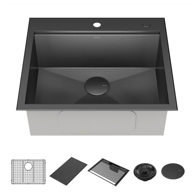 Delta Faucet - RivetE 25'' Workstation Kitchen Sink Drop-In Top Mount 16 Gauge Stainless Steel Single Bowl in PVD Gunmetal Finish with WorkFlowE Ledge and Accessories