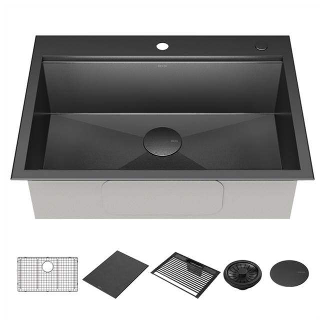 Delta Faucet - RivetE 30'' Workstation Kitchen Sink Drop-In Top Mount 16 Gauge Stainless Steel Single Bowl in PVD Gunmetal Finish with WorkFlowE Ledge and Accessories