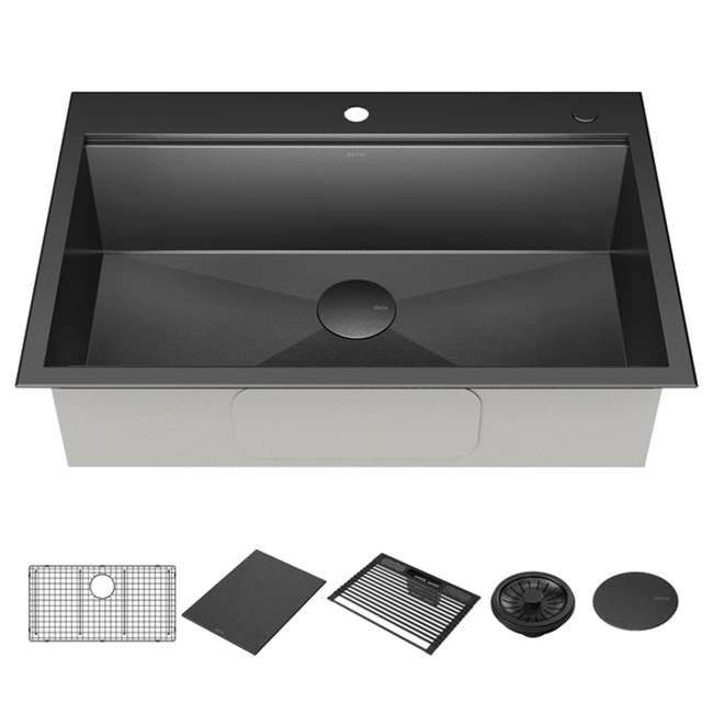Delta Faucet - RivetE 33'' Workstation Kitchen Sink Drop-In Top Mount 16 Gauge Stainless Steel Single Bowl in PVD Gunmetal Finish with WorkFlowE Ledge and Accessories