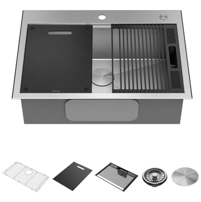 Delta Faucet - RivetE 30'' Workstation Kitchen Sink Drop-In Top Mount 16 Gauge Stainless Steel Single Bowl with WorkFlowE Ledge and Accessories