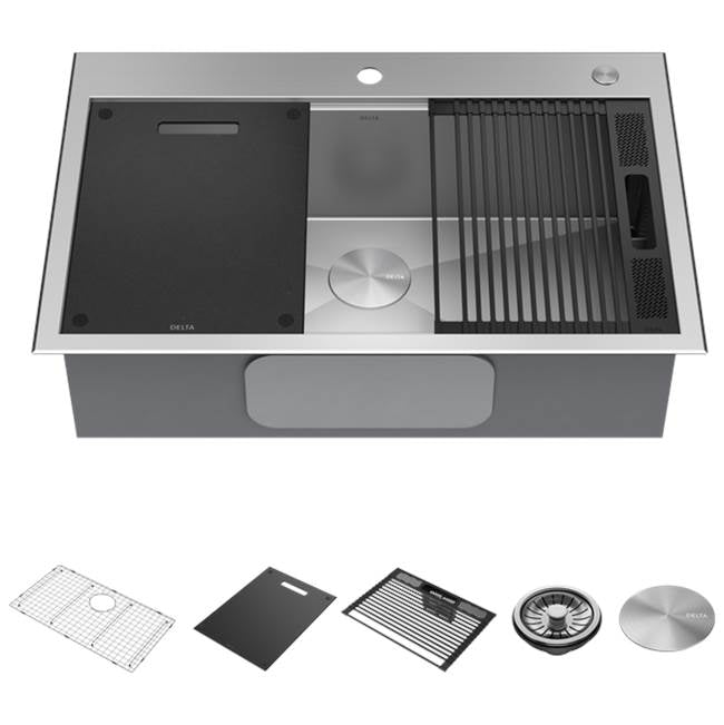 Delta Faucet - RivetE 33'' Workstation Kitchen Sink Drop-In Top Mount 16 Gauge Stainless Steel Single Bowl with WorkFlowE Ledge and Accessories