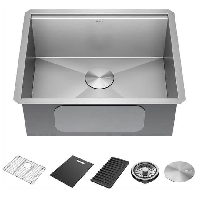 Delta Faucet - RivetE 23'' Workstation Kitchen Sink Undermount 16 Gauge Stainless Steel Single Bowl with WorkFlowE Ledge and Accessories