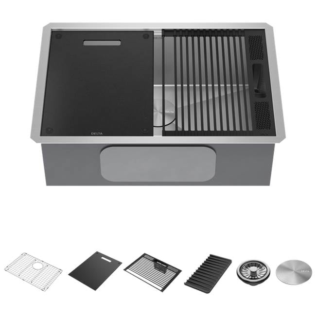 Delta Faucet - RivetE 27'' Workstation Kitchen Sink Undermount 16 Gauge Stainless Steel Single Bowl with WorkFlowE Ledge and Accessories
