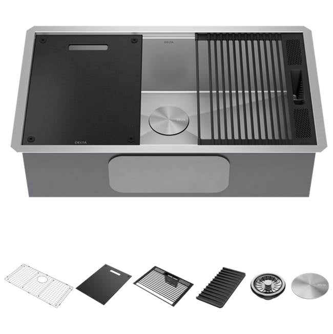 Delta Faucet - RivetE 32'' Workstation Kitchen Sink Undermount 16 Gauge Stainless Steel Single Bowl with WorkFlowE Ledge and Accessories