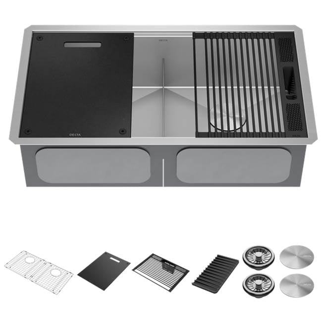 Delta Faucet - RivetE 33'' Workstation Kitchen Sink Undermount 16 Gauge Stainless Steel 50/50 Double Bowl with WorkFlowE Ledge and Accessories