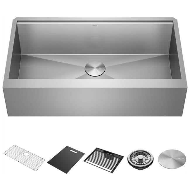Delta Faucet - RivetE 36'' Workstation Farmhouse Apron Front Kitchen Sink Undermount 16 Gauge Stainless Steel Single Bowl with WorkFlowE Ledge and Accessories