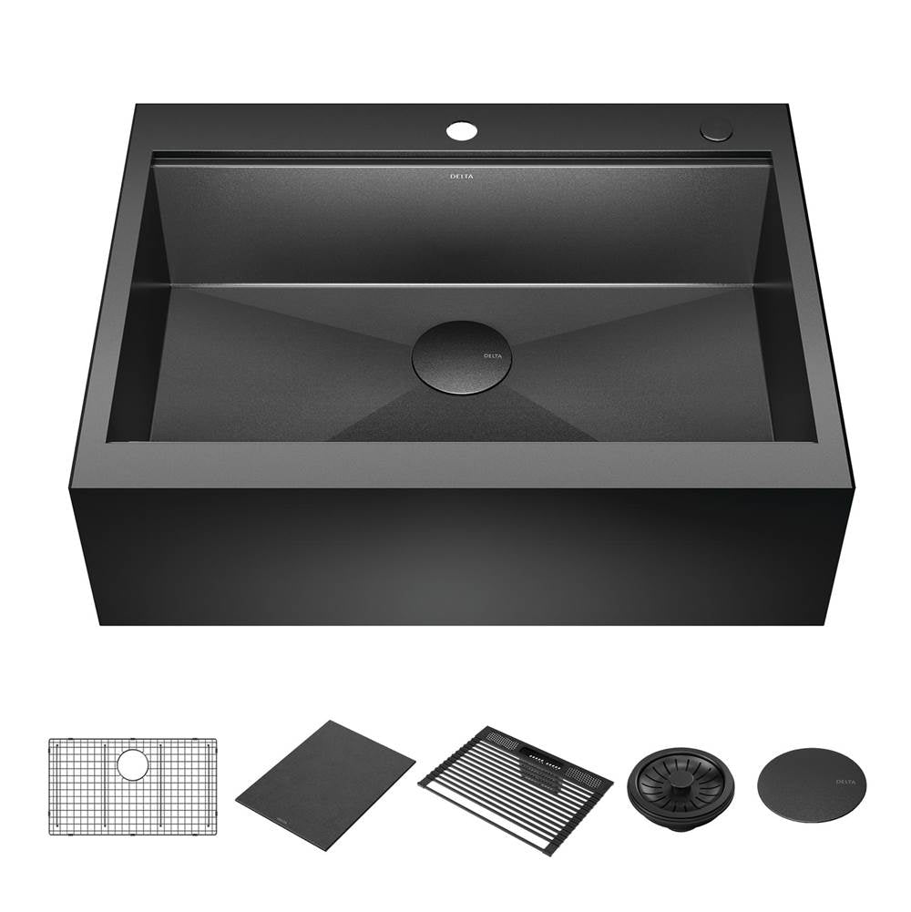 Delta Faucet - RivetE 30'' Workstation Kitchen Sink Farmhouse Apron Front 16 Gauge Stainless Steel Single Bowl in PVD Gunmetal Finish with WorkFlowE Ledge for Top Mount Drop-In Installation with Accessories