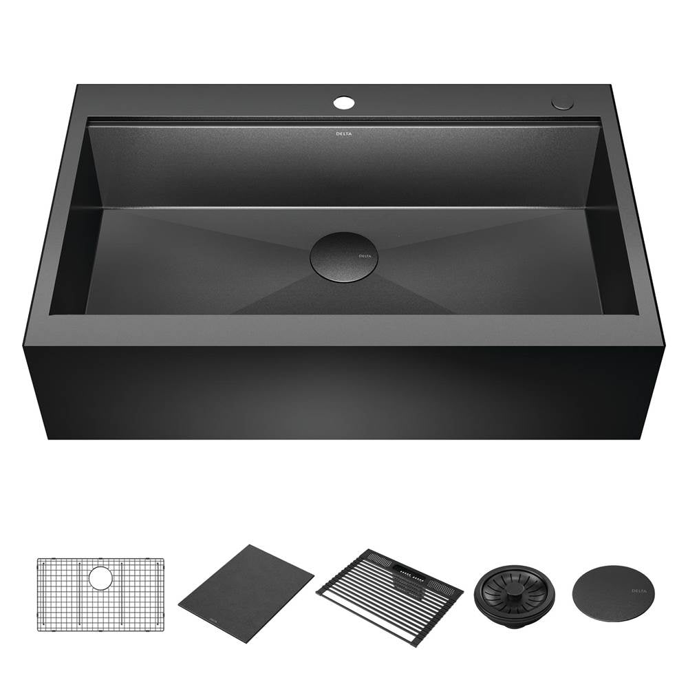 Delta Faucet - RivetE 36'' Workstation Kitchen Sink Farmhouse Apron Front 16 Gauge Stainless Steel Single Bowl in PVD Gunmetal Finish with WorkFlowE Ledge for Top Mount Drop-In Installation with Accessories