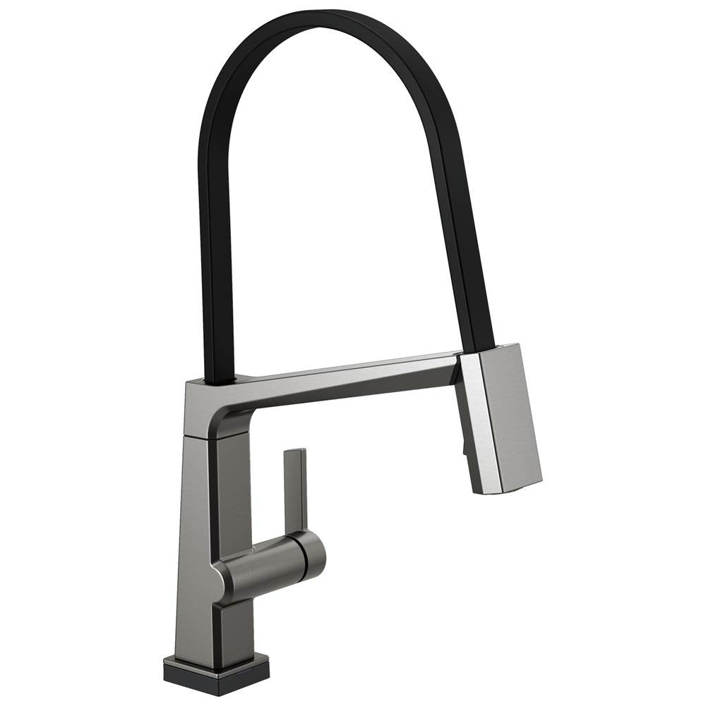 Delta Faucet - PivotalE Single Handle Exposed Hose Kitchen Faucet with Touch2O Technology - Black Stainless