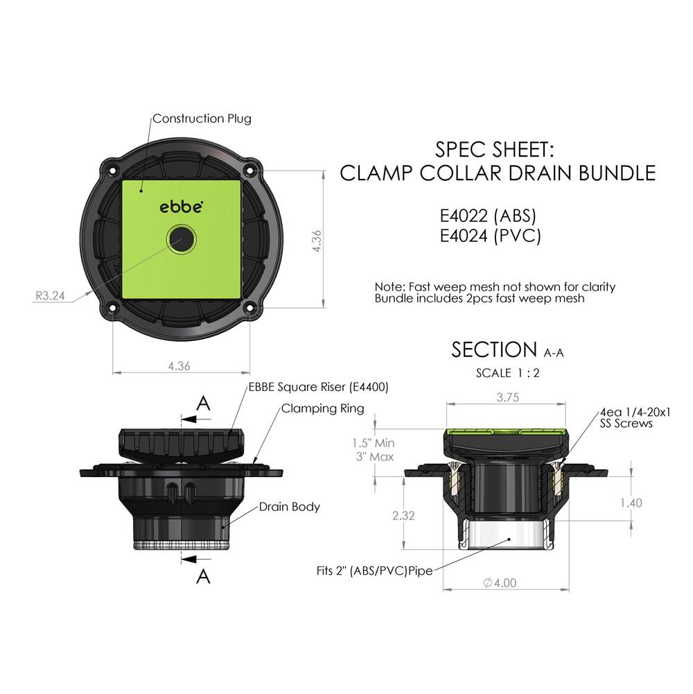 Ebbe Square Drain Hot Mop Bundle (Compression Seal Drain and Square Riser)