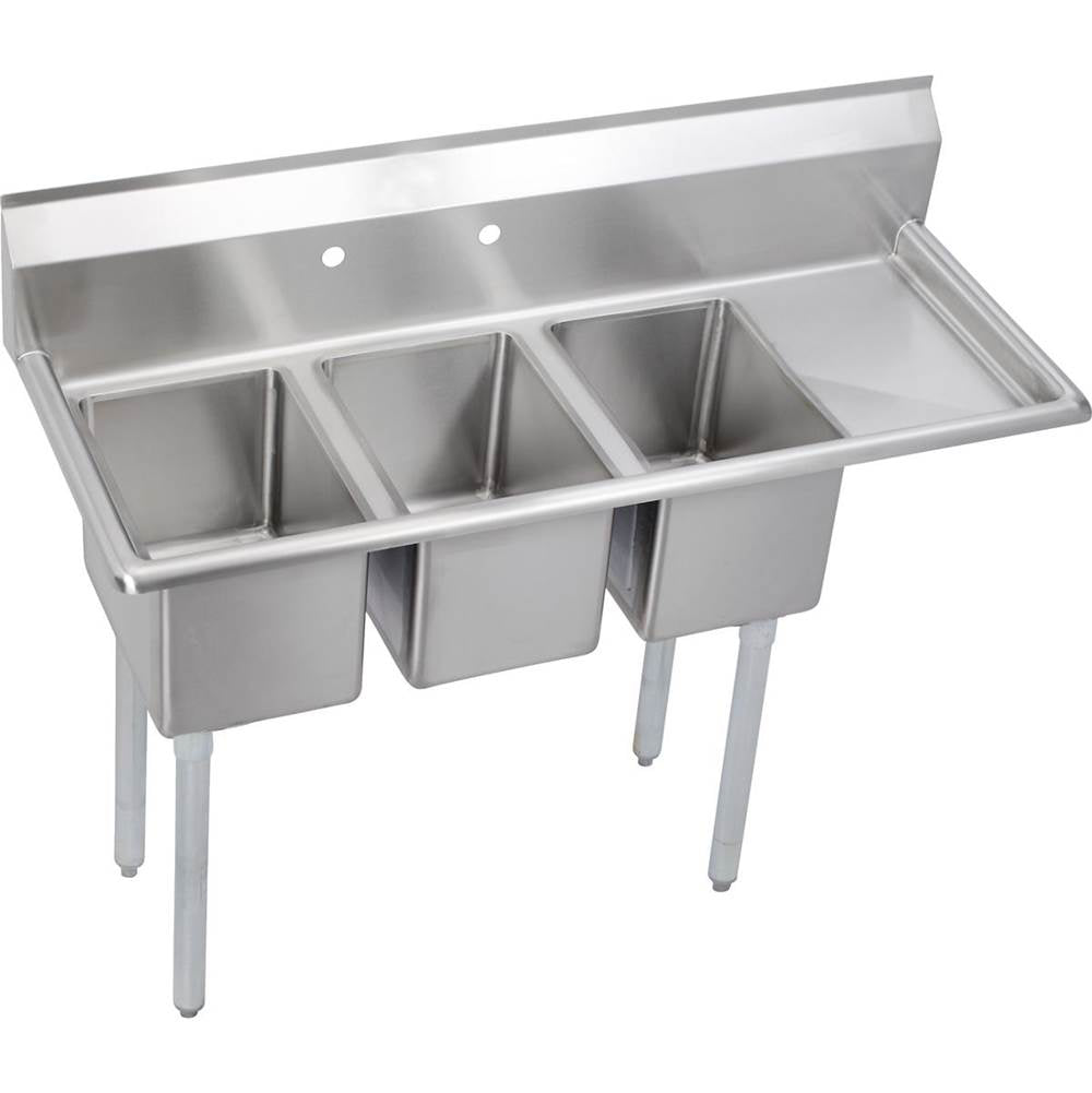 Elkay - 3 Compartment Sink, 49X20 OA, 10X14 Bowl, 10 Deep, Right 12 DBs, SS Legs, 16 GA 300 Series SS, NSF - No.4 Finish
