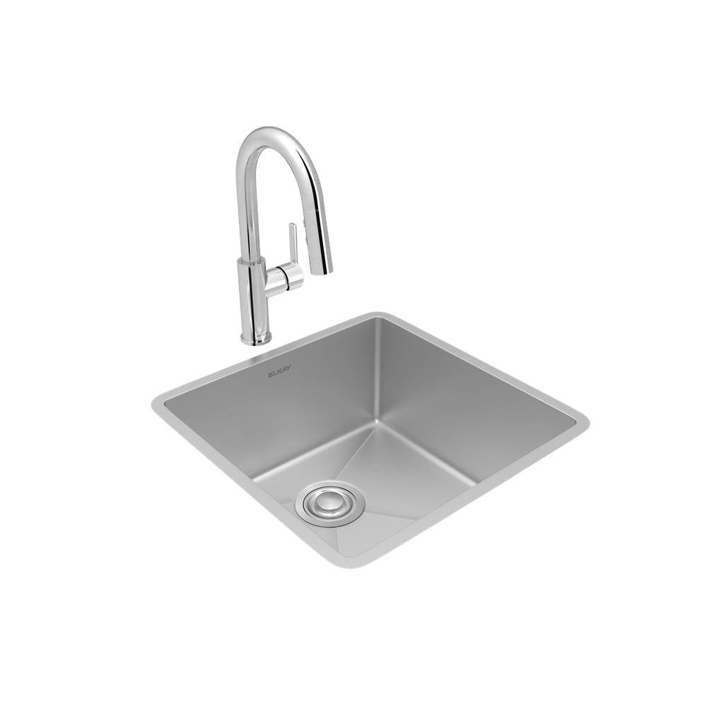 Elkay - Crosstown 18 Gauge Stainless Steel 18-1/2'' x 18-1/2'' x 9'', Single Bowl Undermount Sink, Faucet & Drain Kit - Polished Satin