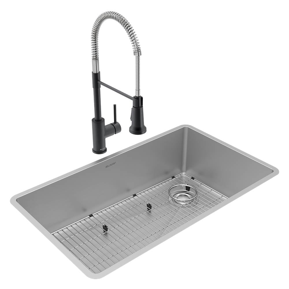 Elkay - Crosstown 18 Gauge Stainless Steel 31-1/2'' x 18-1/2'' x 9'', Single Bowl Undermount Sink, Faucet, Bottom Grid & Drain Kit - Polished Satin