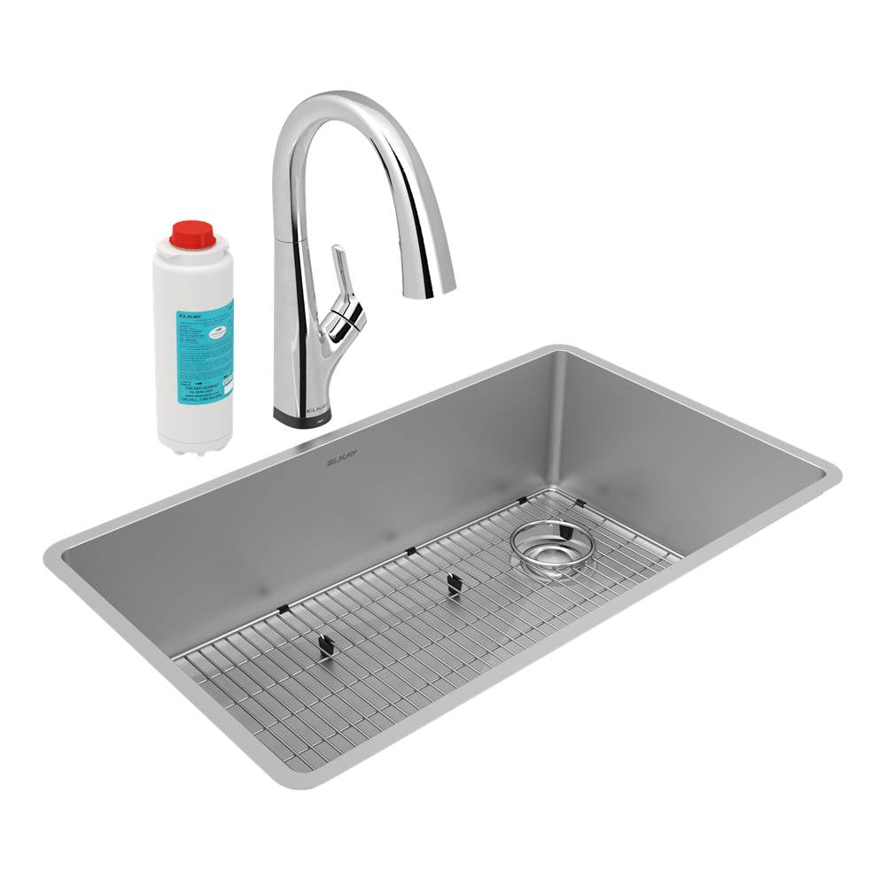 Elkay - Crosstown 18 Gauge Stainless Steel 31-1/2'' x 18-1/2'' x 9'', Single Bowl Undermount Sink Kit with Filtered Faucet - Stainless Steel