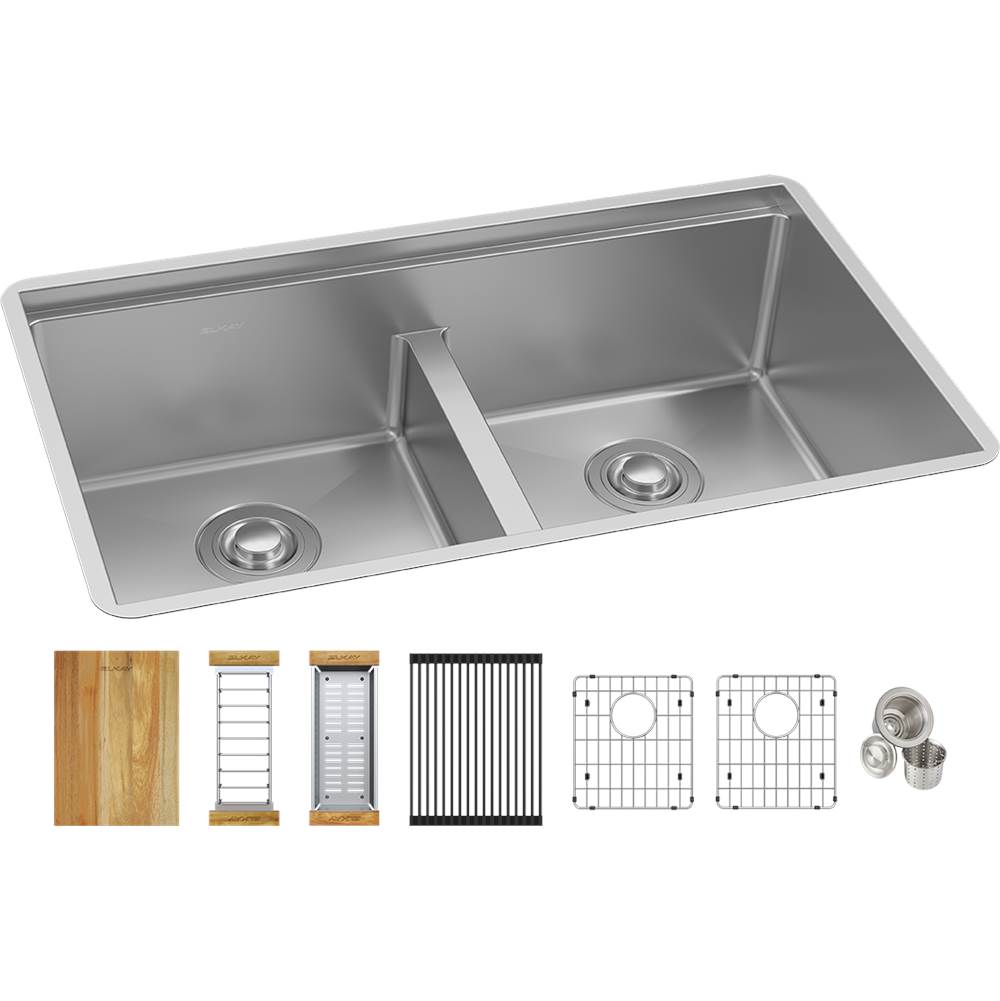 Elkay - 18 Gauge Stainless Steel 31.5'' x 18.5'' x 9'' Crosstown Workstation Double Bowl Undermount Kitchen Sink Kit with Aqua Divide - Polished Satin