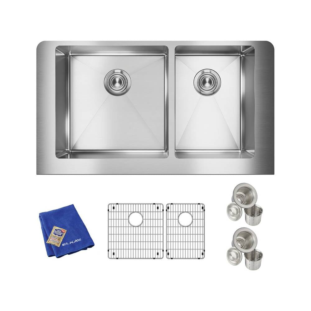 18 Gauge Stainless Steel 31.5'' x 20.25'' x 9'' 60/40 Double Bowl Apron Front UndermountKit
