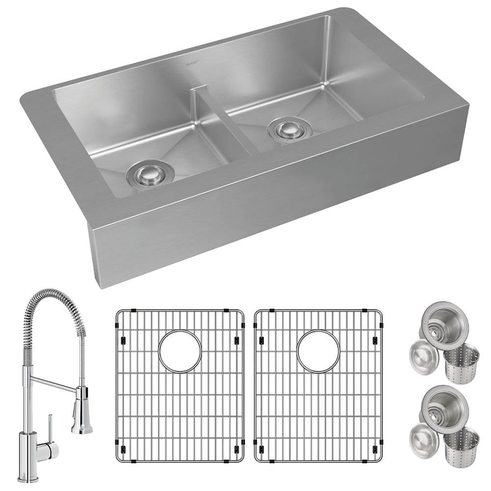 Crosstown 18 Gauge Stainless Steel 35-7/8'' x 20-1/4'' x 9'', Equal Double Bowl Farmhouse Sink, Faucet, Bottom Grid & Drain Kit with Aqua Divide