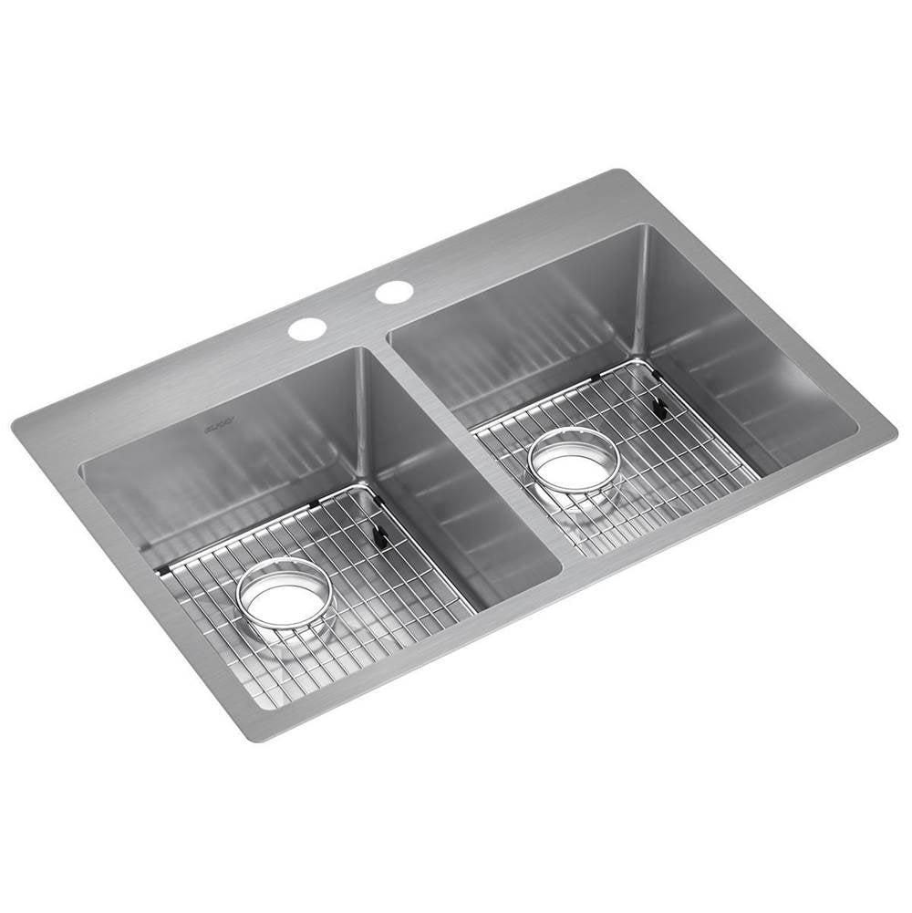 Elkay - 18 Gauge Stainless Steel 33'' x 22'' x 9'' Double Bowl Dual Mount Kitchen Sink Kit - Polished Satin