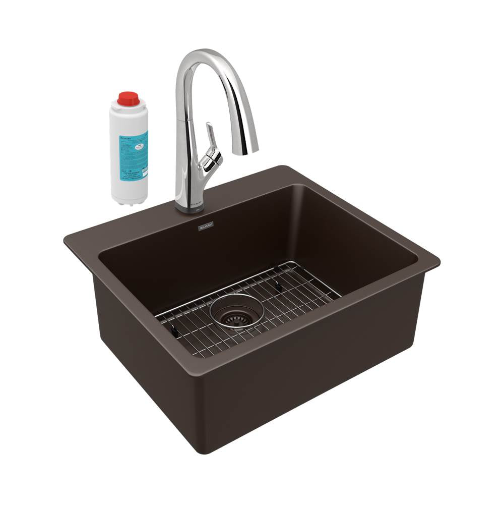Elkay - Quartz Classic 25'' x 22'' x 9-1/2'', Single Bowl Drop-in Sink Kit with Filtered Faucet, Mocha - Mocha