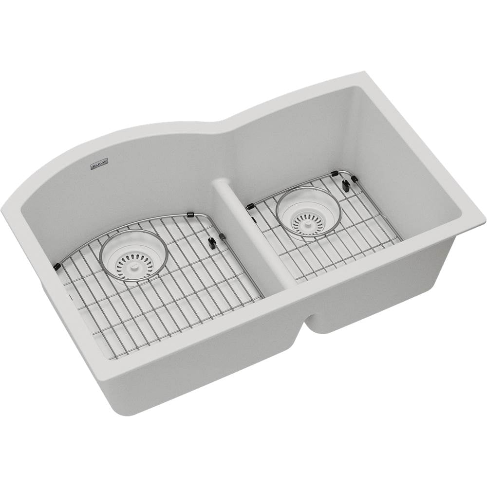 Elkay - Quartz Classic 33'' x 22'' x 10'', Offset 60/40 Double Bowl Undermount Sink Kit with Aqua Divide, White - White