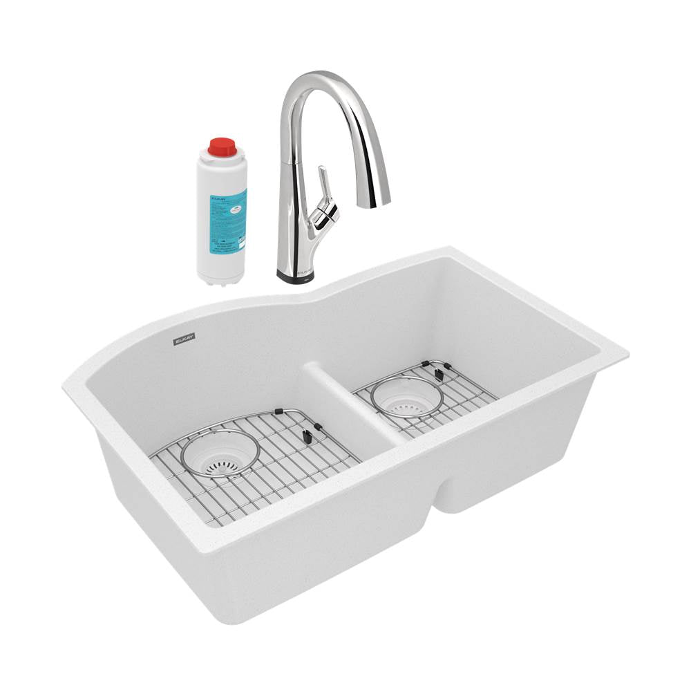 Elkay - Quartz Classic 33'' x 22'' x 10'', Offset 60/40 Double Bowl Undermount Sink Kit with Filtered Faucet with Aqua Divide, White - White