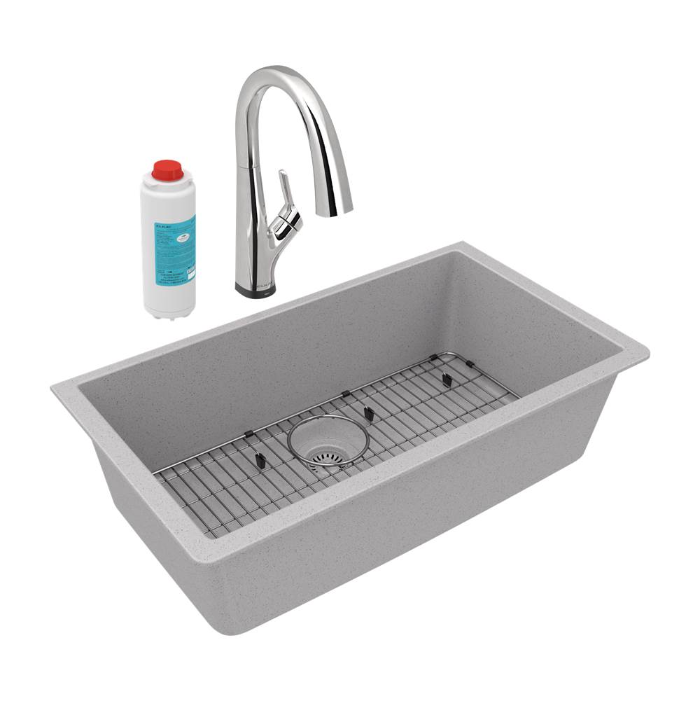 Elkay - Quartz Classic 33'' x 18-7/16'' x 9-7/16'', Single Bowl Undermount Sink Kit with Filtered Faucet, Greystone - Greystone