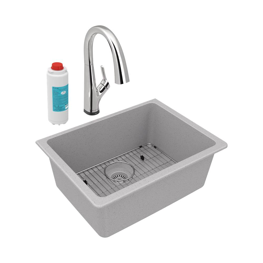 Elkay - Quartz Classic 24-5/8'' x 18-1/2'' x 9-1/2'', Single Bowl Undermount Sink Kit with Filtered Faucet, Greystone - Greystone