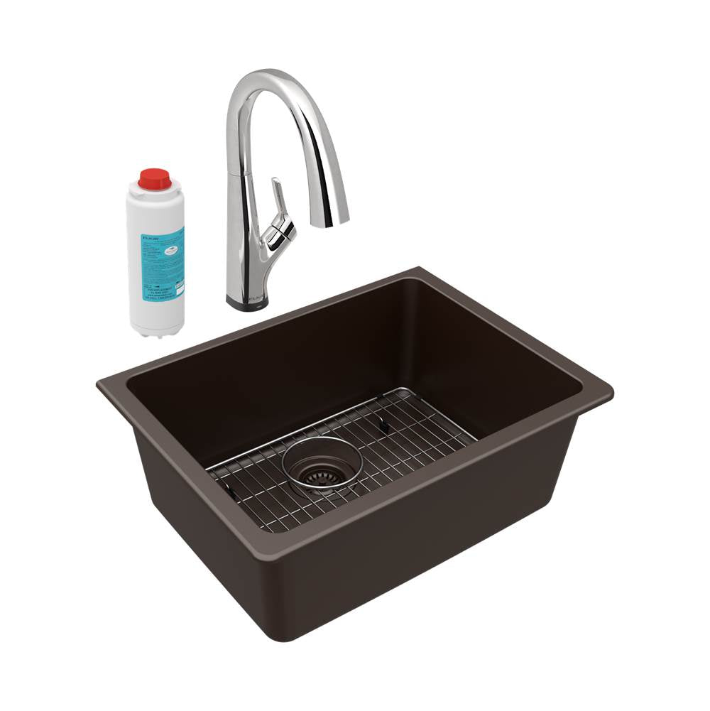 Elkay - Quartz Classic 24-5/8'' x 18-1/2'' x 9-1/2'', Single Bowl Undermount Sink Kit with Filtered Faucet, Mocha - Mocha