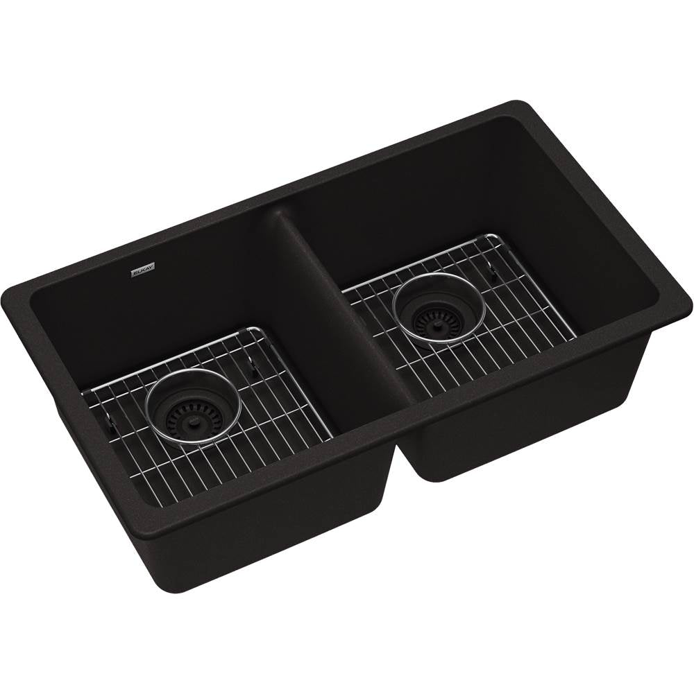 Elkay - Quartz Classic 33'' x 18-1/2'' x 9-1/2'', Equal Double Bowl Undermount Sink Kit, Black - Black