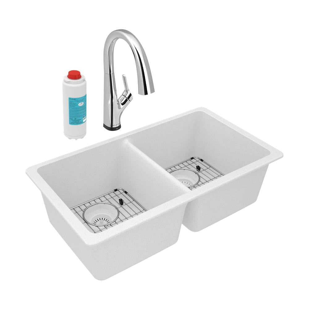 Elkay - Quartz Classic 33'' x 18-1/2'' x 9-1/2'', Equal Double Bowl Undermount Sink Kit with Filtered Faucet, White - White