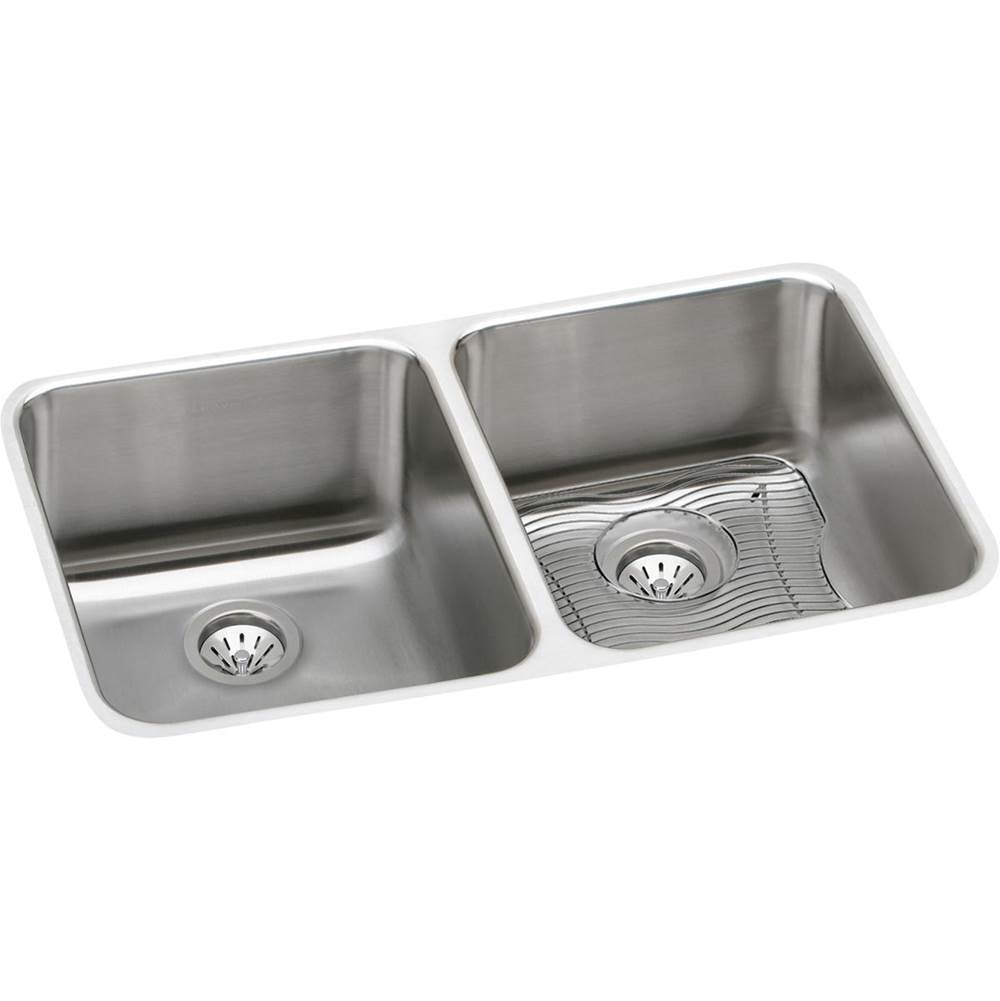 Elkay - 18 Gauge Stainless Steel 30.75'' x 18.5'' x 10'' Double Bowl Undermount Kitchen Sink Kit - Lustrous Satin