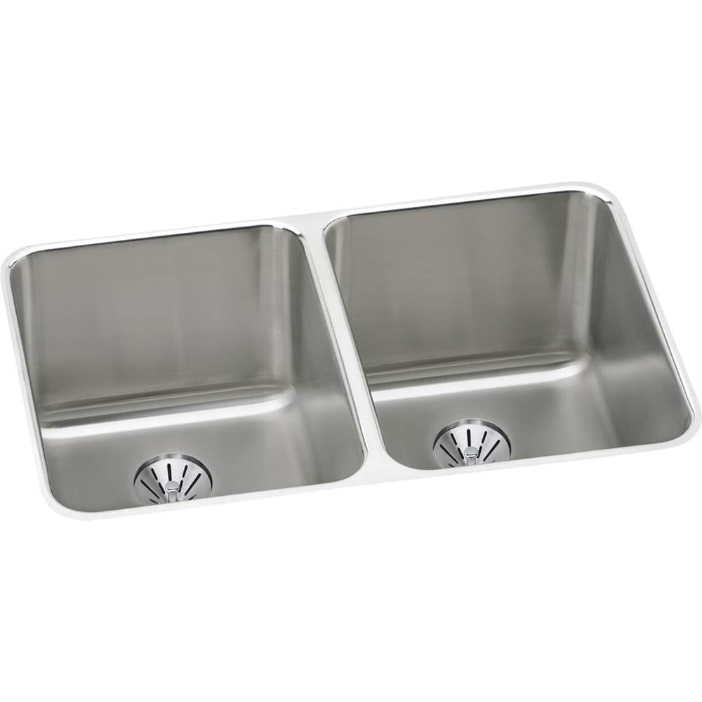 Elkay - 18 Gauge Stainless Steel 31.25'' x 20'' x 9.875'' Double Bowl Undermount Kitchen Sink Kit - Lustrous Satin