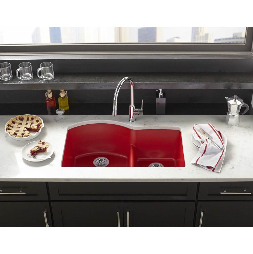 Quartz Luxe 33'' x 22'' x 10'' Offset 60/40 Double Bowl Undermount Sink with Aqua Divide Caviar