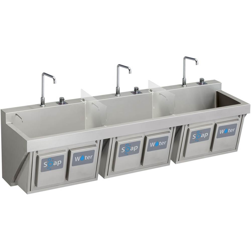 Elkay - MANUAL TRIPLE STATION SCRUB SINK W/ KNEE ACTIVATED SOAP/WATER - Buffed Satin