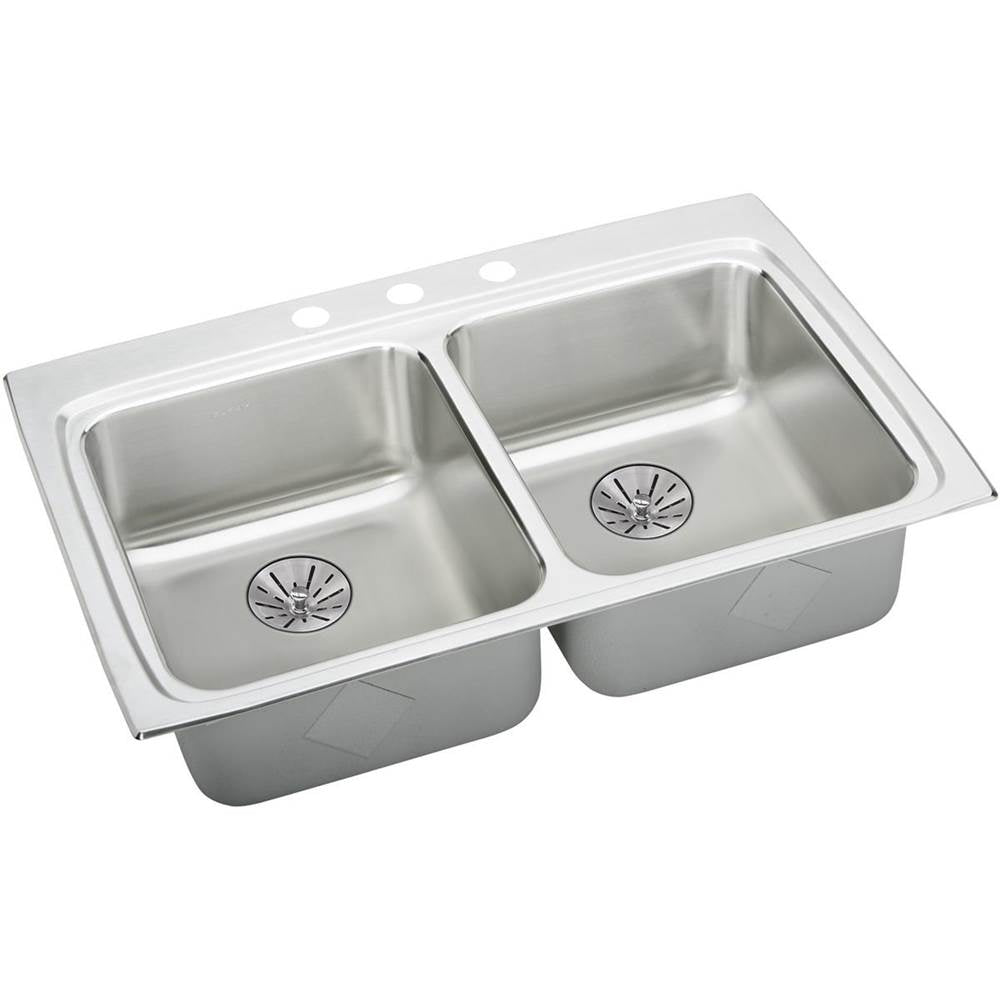 Elkay - 18 Gauge Stainless Steel 33'' x 22'' x 6.5'' Double Bowl Drop-in Kitchen Sink Kit - Lustrous Satin