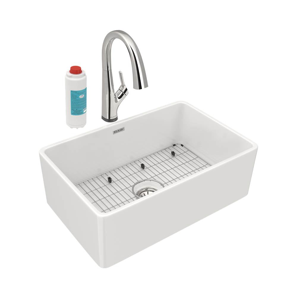 Elkay - Fireclay 29-7/8'' x 19-3/4'' x 10-1/16'', Single Bowl Farmhouse Sink Kit with Filtered Faucet, White - White