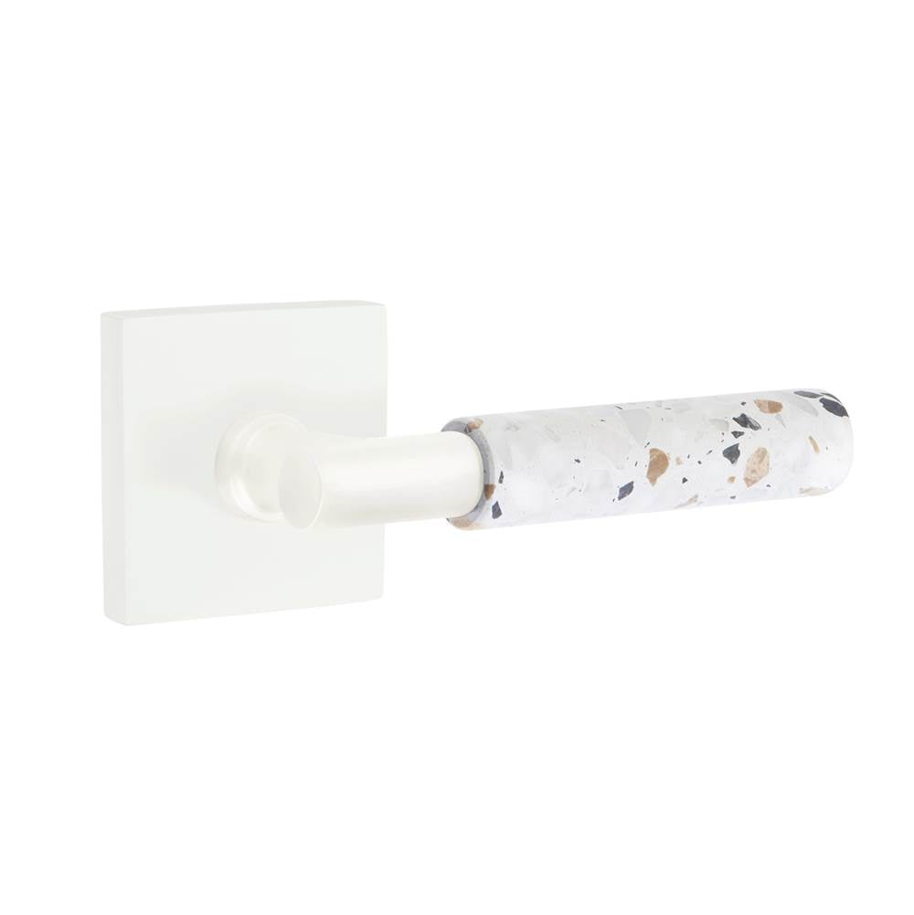 Emtek - Select Privacy, Square Rosette Matte White, T-Bar Stem Matte White, Light Terrazzo Handle, RH - Matte White
