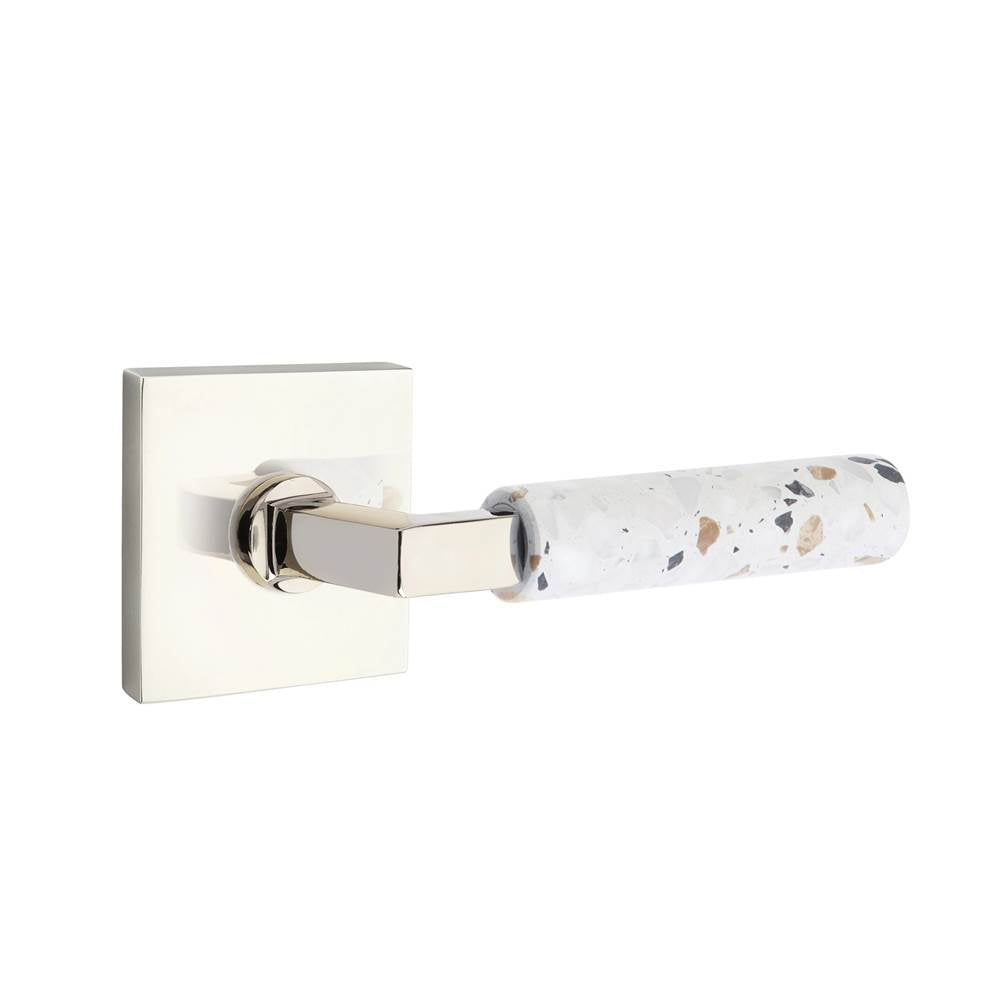 Emtek - Select Privacy, Square Rosette US14, L-Square Stem US14, Light Terrazzo Handle, RH - Polished Nickel