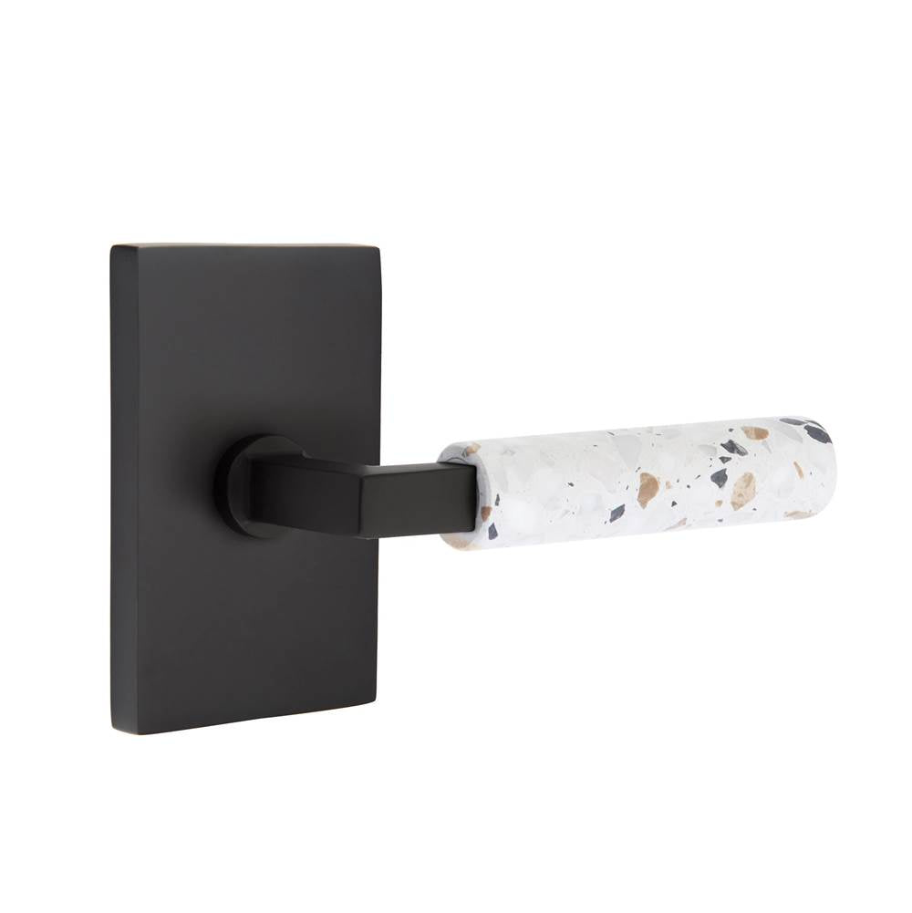 Emtek - Select Privacy, Modern Rectangular Rosette US19, L-Square Stem US19, Light Terrazzo Handle, LH - Flat Black